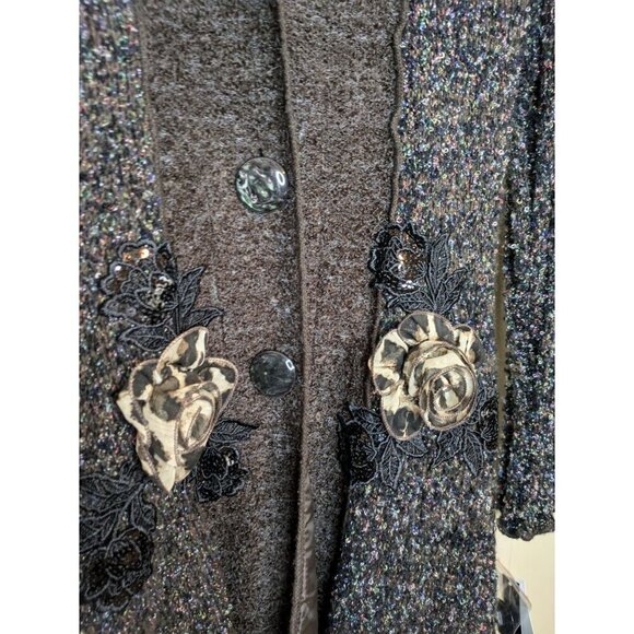 Sioni Boucle Shawl Collar Long Line Cardigan Size M Petite Brown Embroidered - Picture 2 of 13